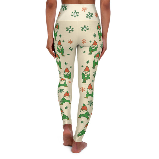 Beige Christmas Yoga Leggings - Holiday Gnome Print | High Waisted Festive Pants for Women