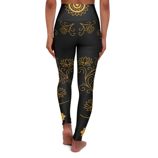 Golden Lotus Yoga Leggings - Black High Waisted Mandala Print | Women's Activewear
