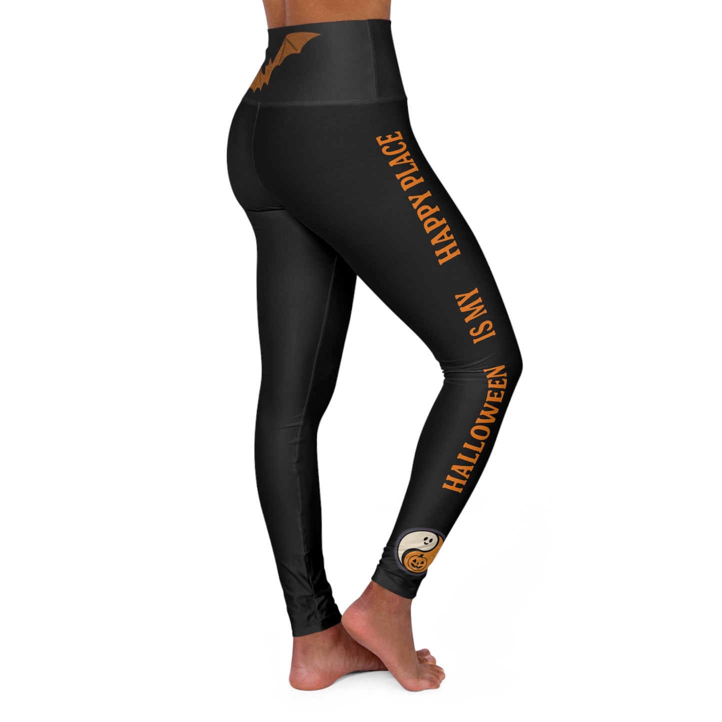 Halloween Is My Happy Place Leggings - Black Yoga Pants | Bat Pumpkin Yin Yang Print