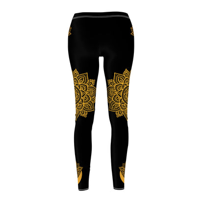 Black Orange Mandala Leggings - Moon Lotus Print Yoga Pants | Boho Festival Women's Tights