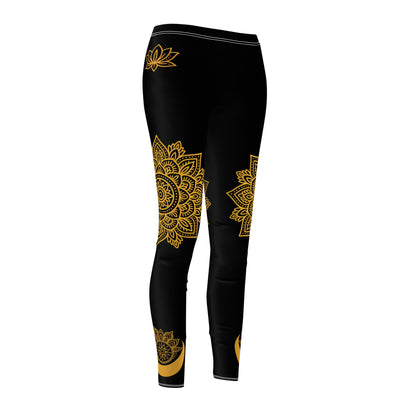 Black Orange Mandala Leggings - Moon Lotus Print Yoga Pants | Boho Festival Women's Tights