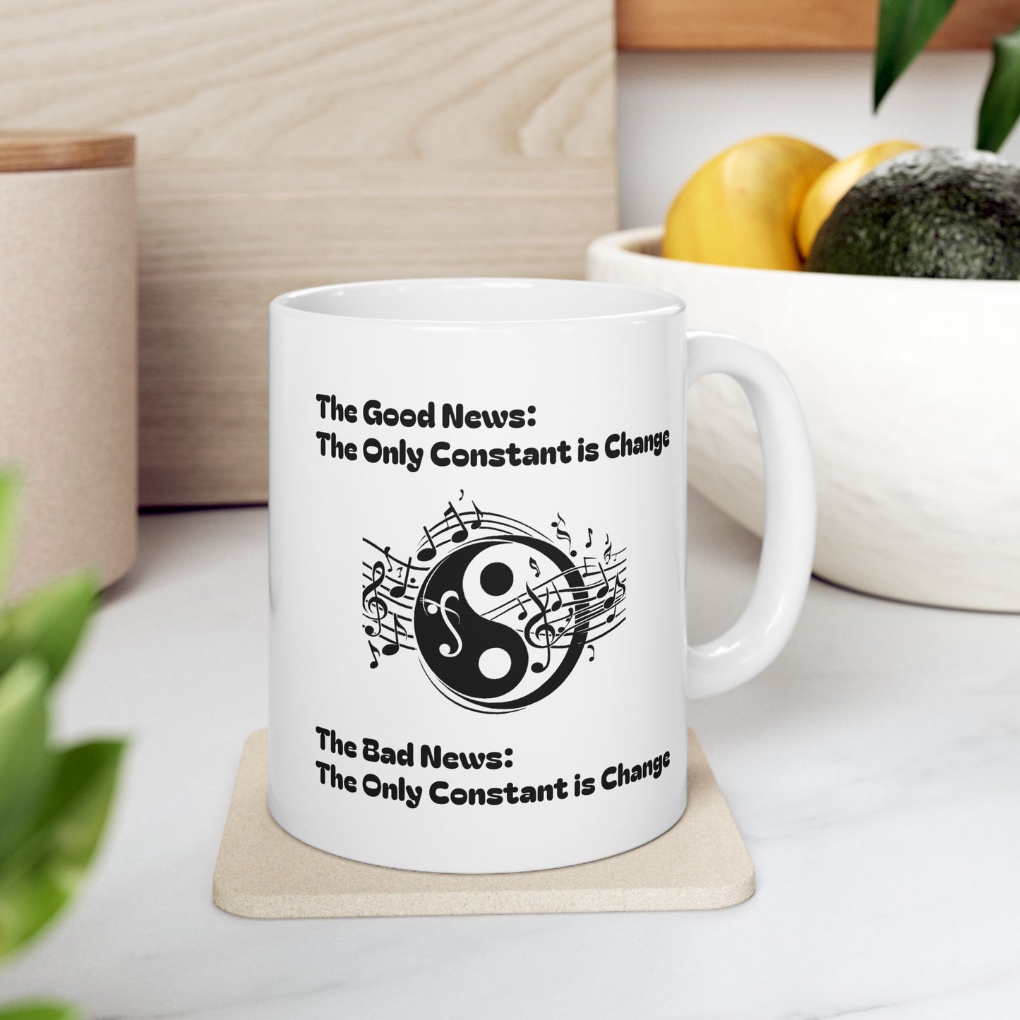 Yin Yang Music Lover Spiritual Ceramic Coffee Tea Mug | the Only Constant Is Change C-Handled Music Themed Yin Yang Mug