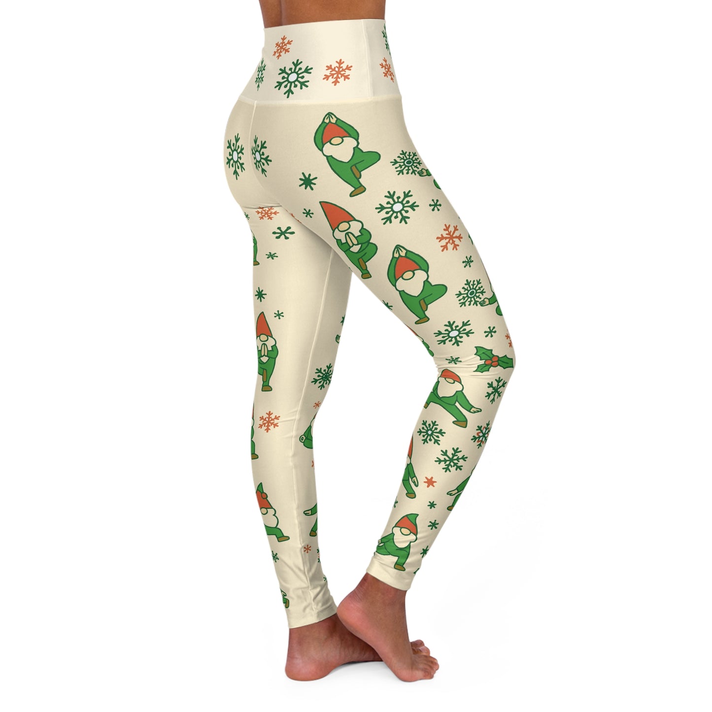 Beige Christmas Yoga Leggings - Holiday Gnome Print | High Waisted Festive Pants for Women