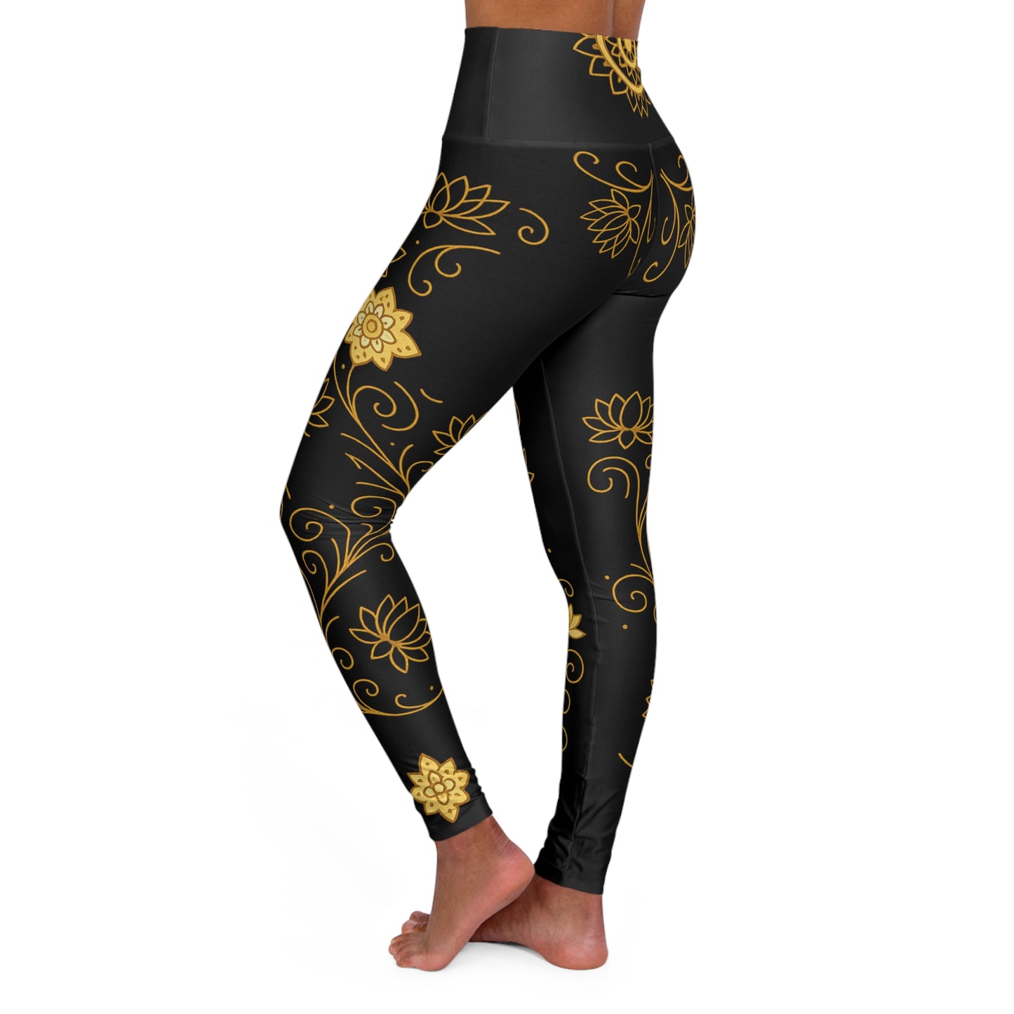 Golden Lotus Yoga Leggings - Black High Waisted Mandala Print | Women's Activewear