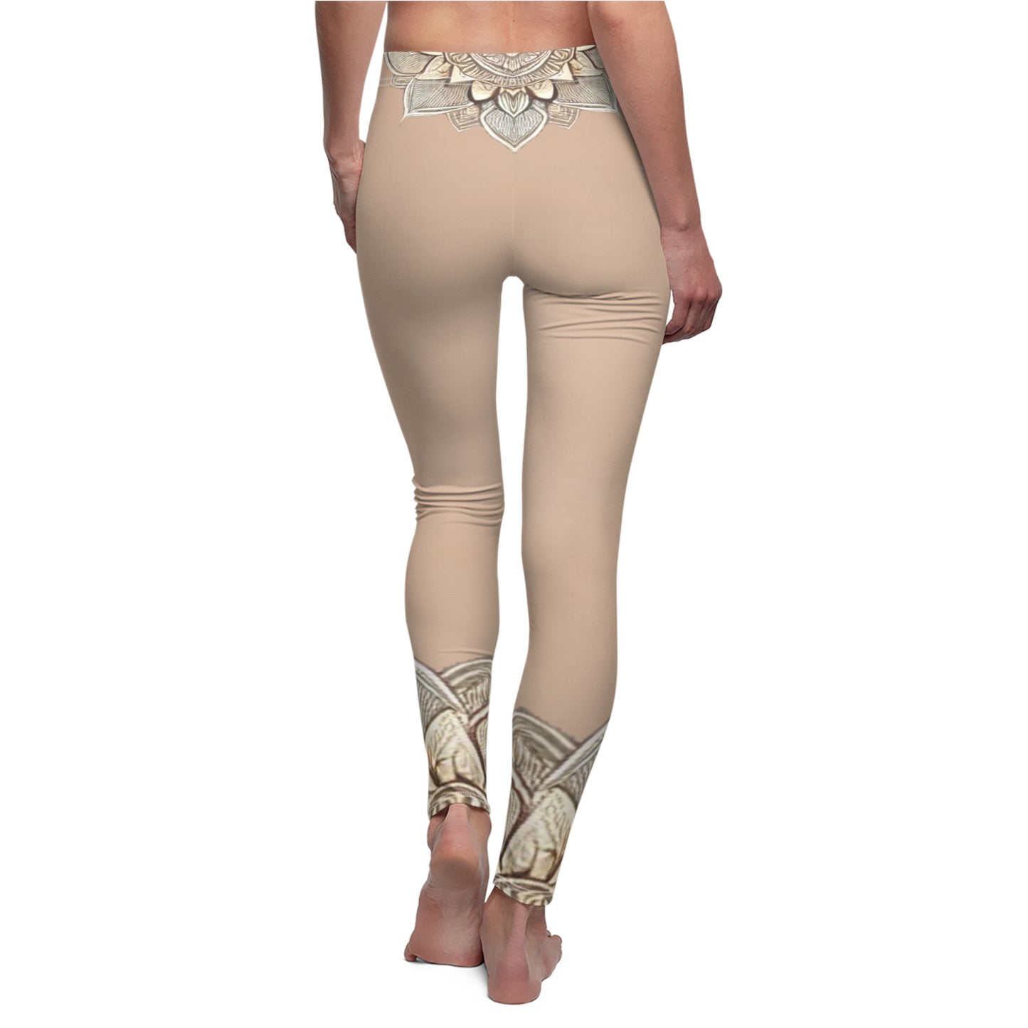 Beige Mandala Yoga Leggings - Boho Lotus Print | High Waisted Women's Activewear Pants