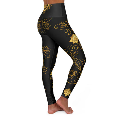 Golden Lotus Yoga Leggings - Black High Waisted Mandala Print | Women's Activewear