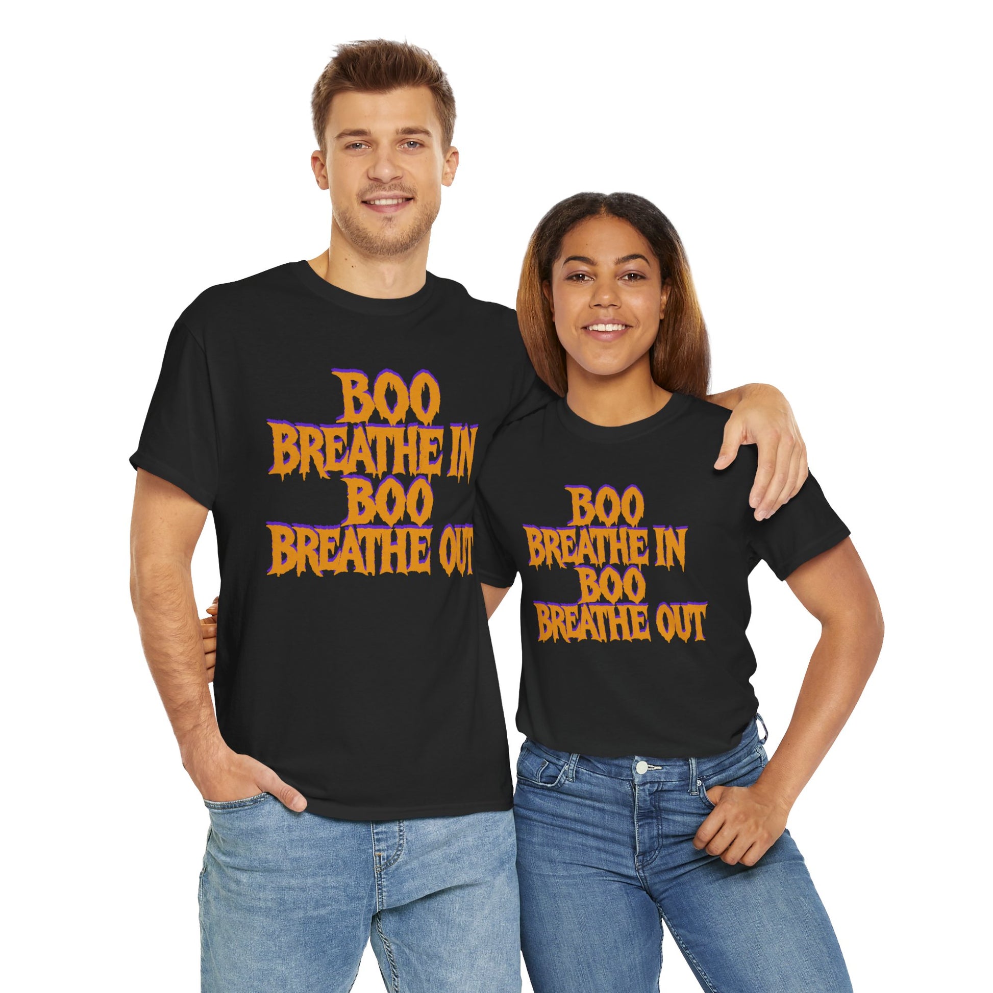Two people wearing black t-shirts with 'BOO BREATHE IN BOO BREATHE OUT' text.