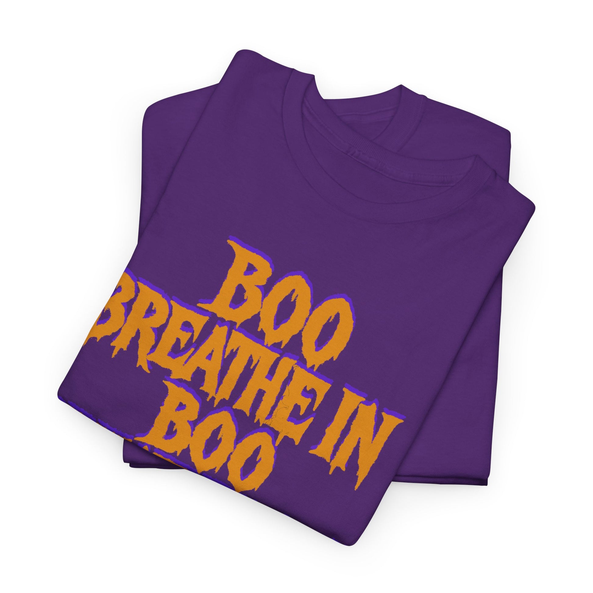 Purple t-shirt with 'BOO BREATHE IN BOO' text in yellow on a white background