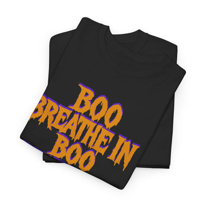 Black t-shirt with 'BOO BREATHE IN BOO' text in orange and purple on a white background