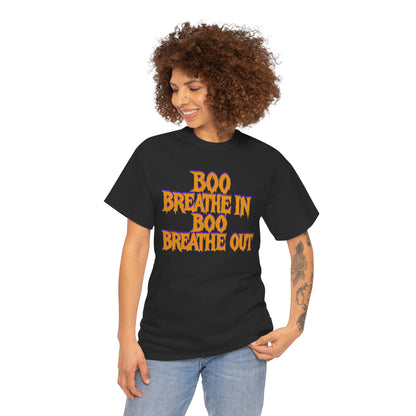 Woman wearing a black t-shirt with 'BOO BREATHE IN BOO BREATHE OUT' text on a white background