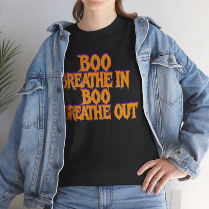 Person wearing a black t-shirt with 'BOO BREATHE IN BOO BREATHE OUT' text, paired with a denim jacket.