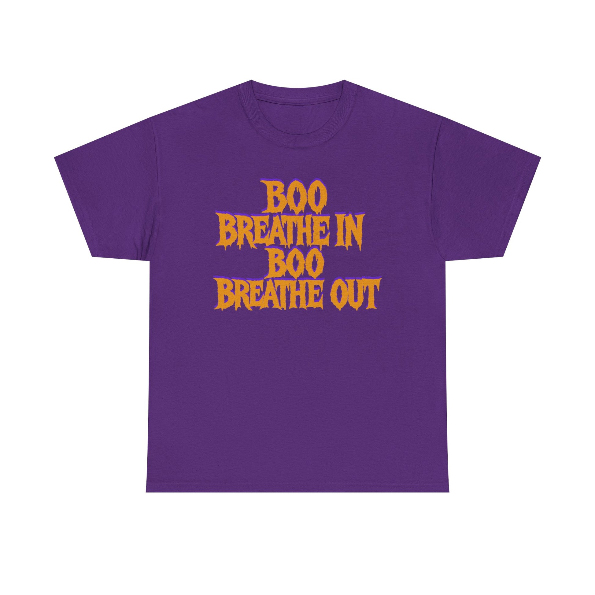 Purple t-shirt with yellow text 'BOO BREATHE IN BOO BREATHE OUT' on a white background