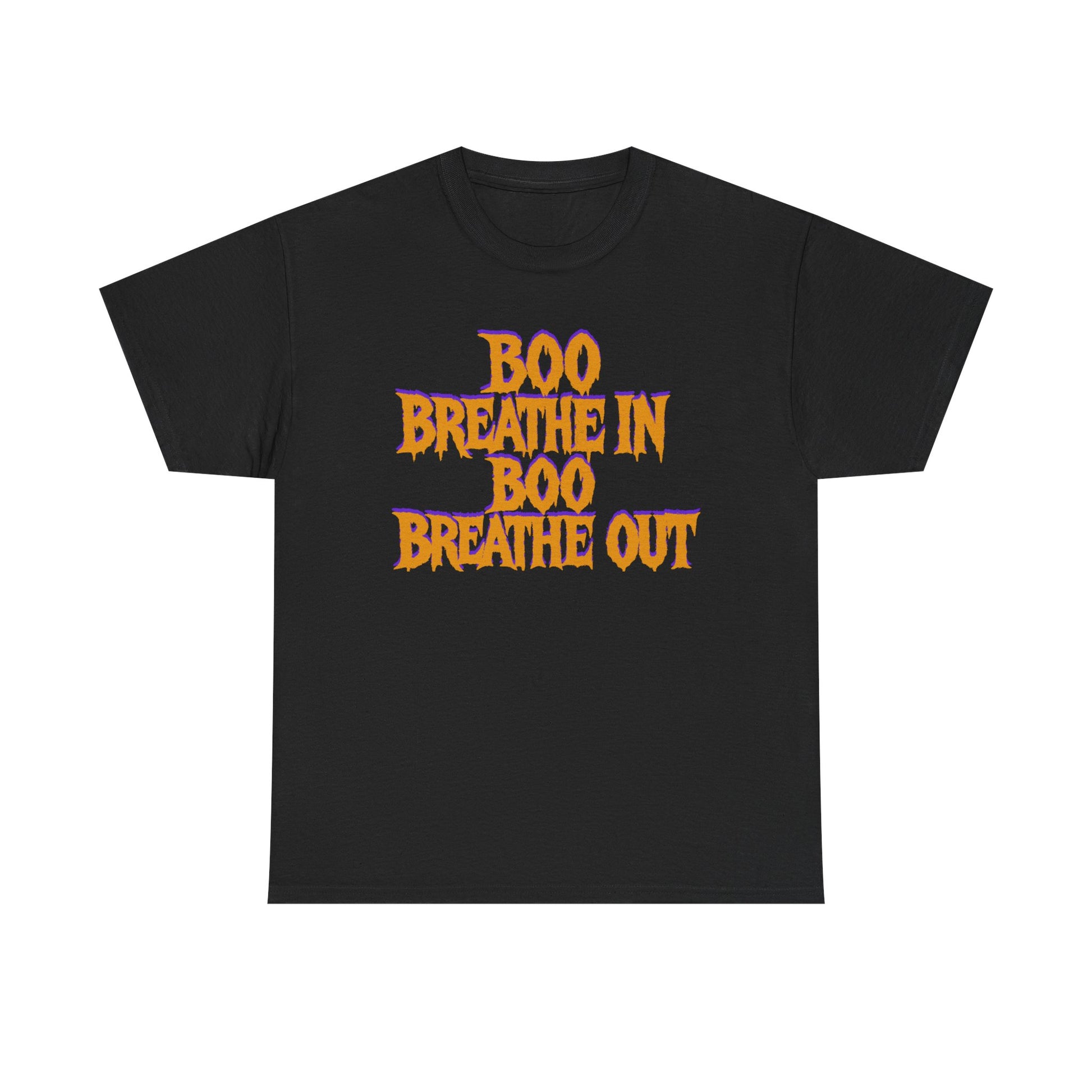 Black t-shirt with 'BOO BREATHE IN BOO BREATHE OUT' text in orange and yellow on a white background