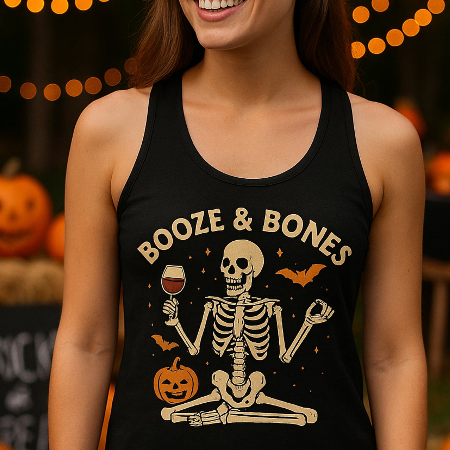 Booze & Bones Halloween Tank - Funny Wine Skeleton Racerback | Yoga Workout Top