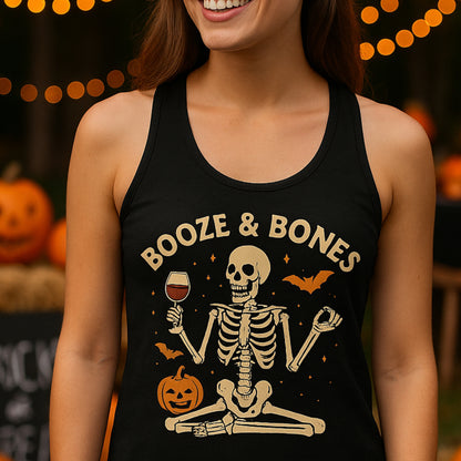 Booze & Bones Halloween Tank - Funny Wine Skeleton Racerback | Yoga Workout Top