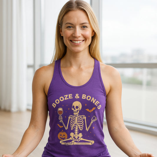Booze & Bones Halloween Tank - Funny Wine Skeleton Racerback | Yoga Workout Top