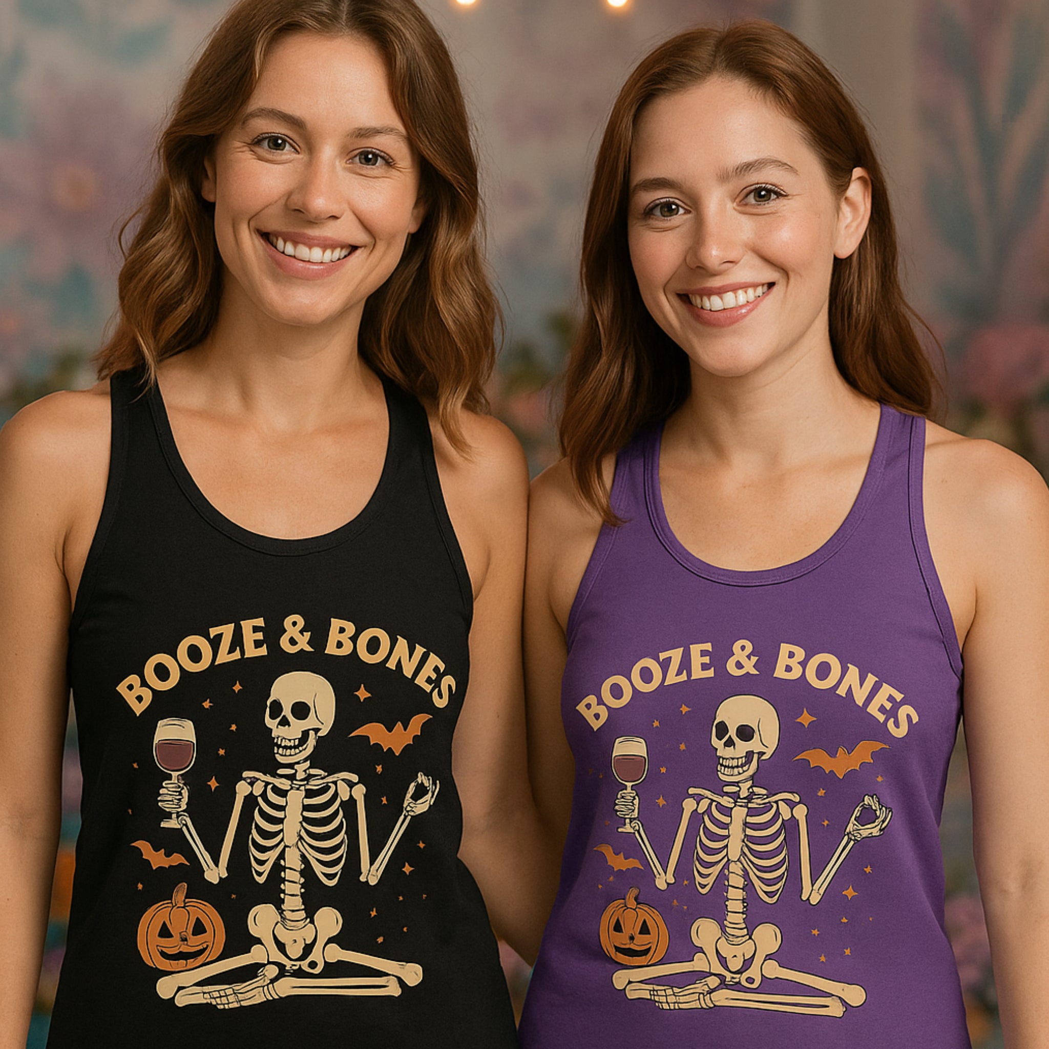 Two women wearing 'Booze & Bones' tank tops with skeletons and pumpkins.