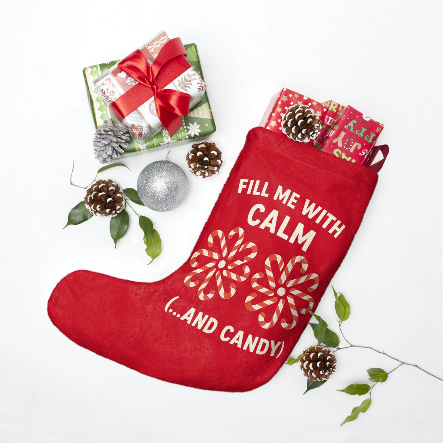 Fill Me With Calm Red Christmas Stocking - Funny Mindful Holiday Decor | Stress Relief Gift