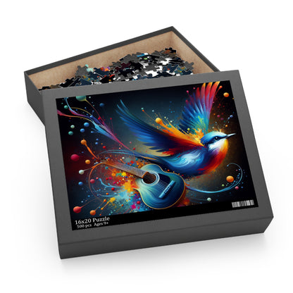 Colorful Bird and Guitar Puzzle, Artistic Puzzle for Music Lovers, Nature Puzzle for Family Nights, Gift for Music Enthusiasts, Unique Wall