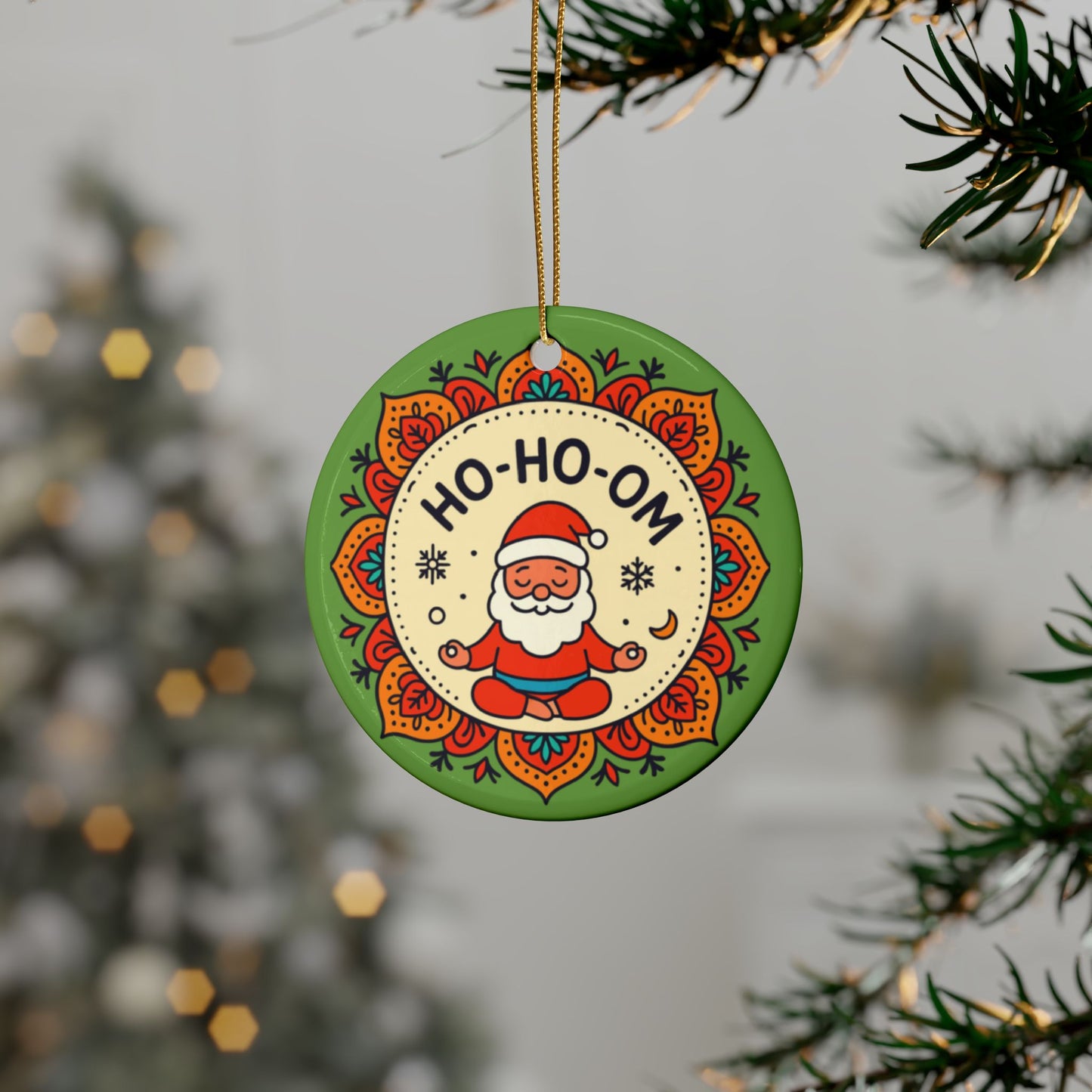 HO-HO-OM Santa Ornament - Funny Yoga Christmas Decoration | Meditating Santa Mandala Gift