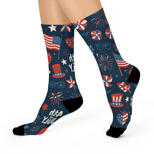 Patriotic Cushioned Crew Socks - Fourth of July Celebration, USA Theme, Comfy Everyday Wear, Fun Gift for Friends, Vibrant Sock Design