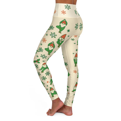 Beige Christmas Yoga Leggings - Holiday Gnome Print | High Waisted Festive Pants for Women