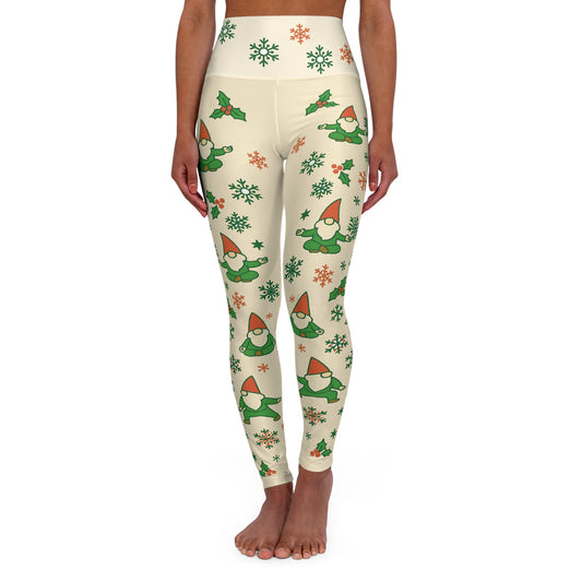 Beige Christmas Yoga Leggings - Holiday Gnome Print | High Waisted Festive Pants for Women