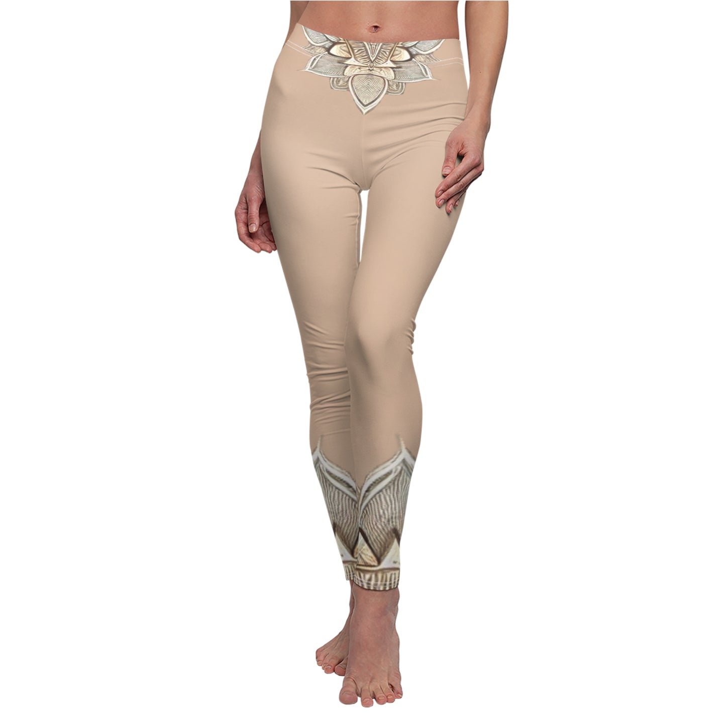 Beige Mandala Yoga Leggings - Boho Lotus Print | High Waisted Women's Activewear Pants