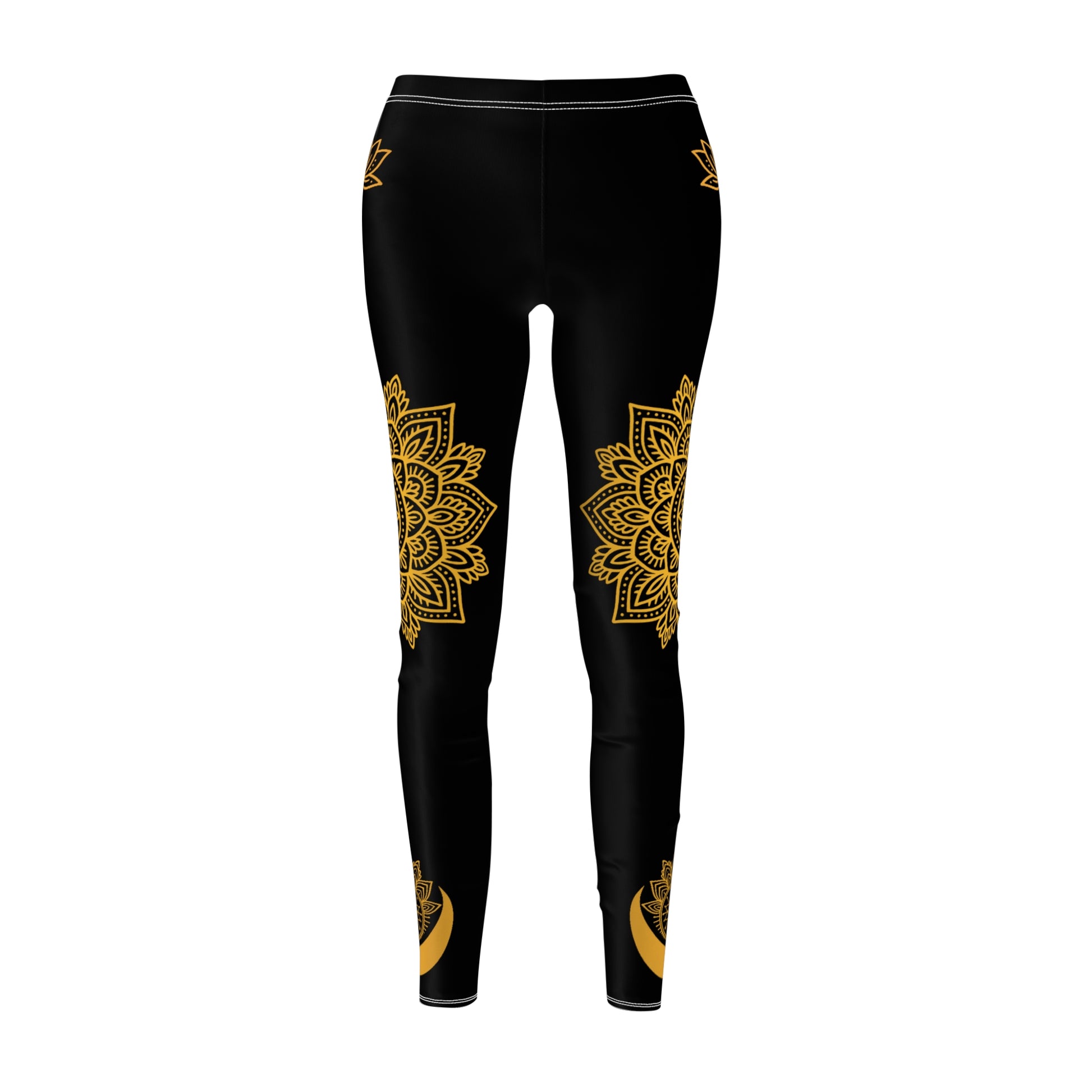 Black Orange Mandala Leggings - Moon Lotus Print Yoga Pants | Boho Festival Women's Tights