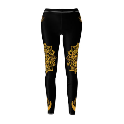 Black Orange Mandala Leggings - Moon Lotus Print Yoga Pants | Boho Festival Women's Tights