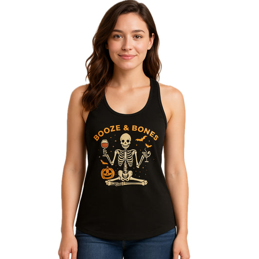 Booze & Bones Halloween Tank - Funny Wine Skeleton Racerback | Yoga Workout Top