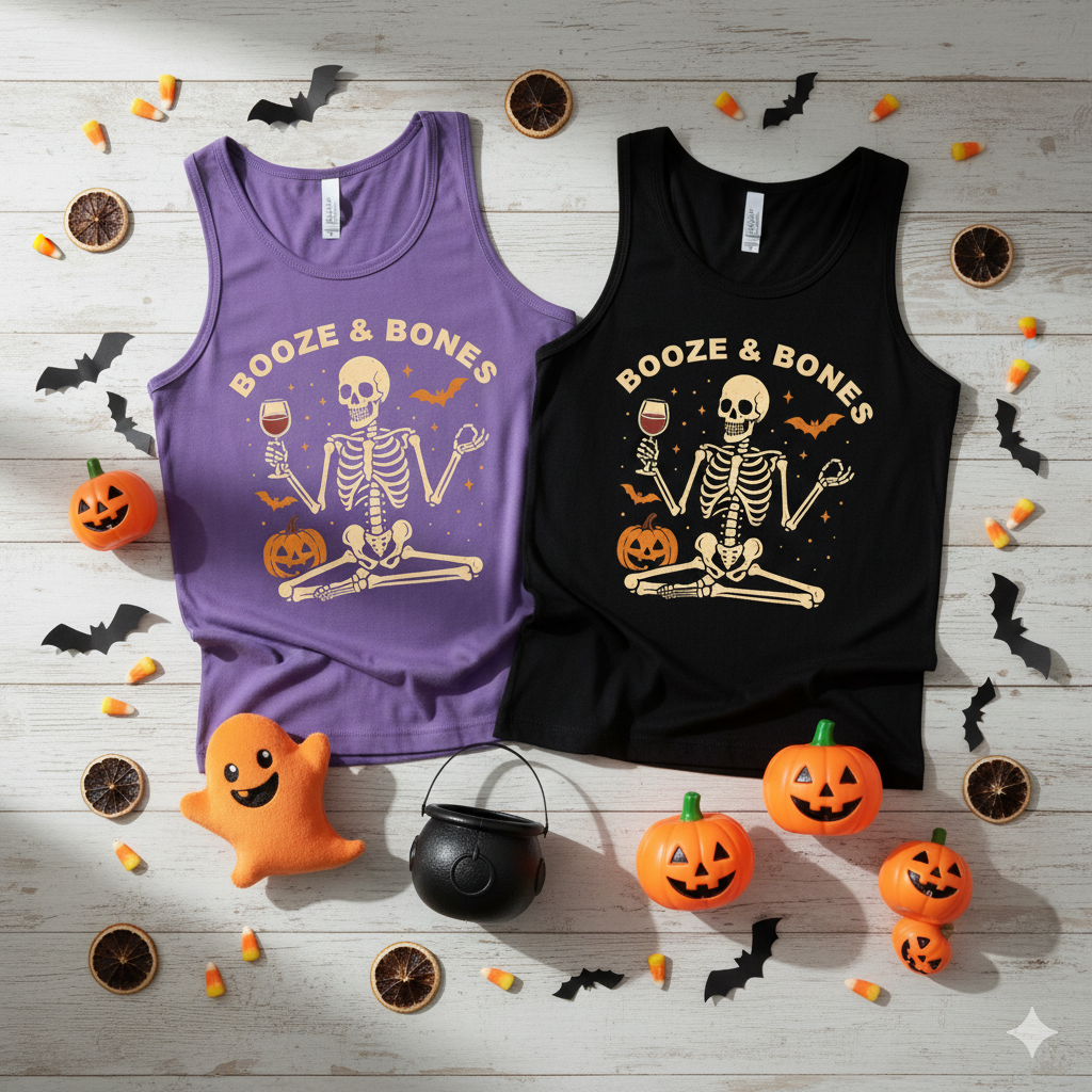 Booze & Bones Halloween Tank - Funny Wine Skeleton Racerback | Yoga Workout Top