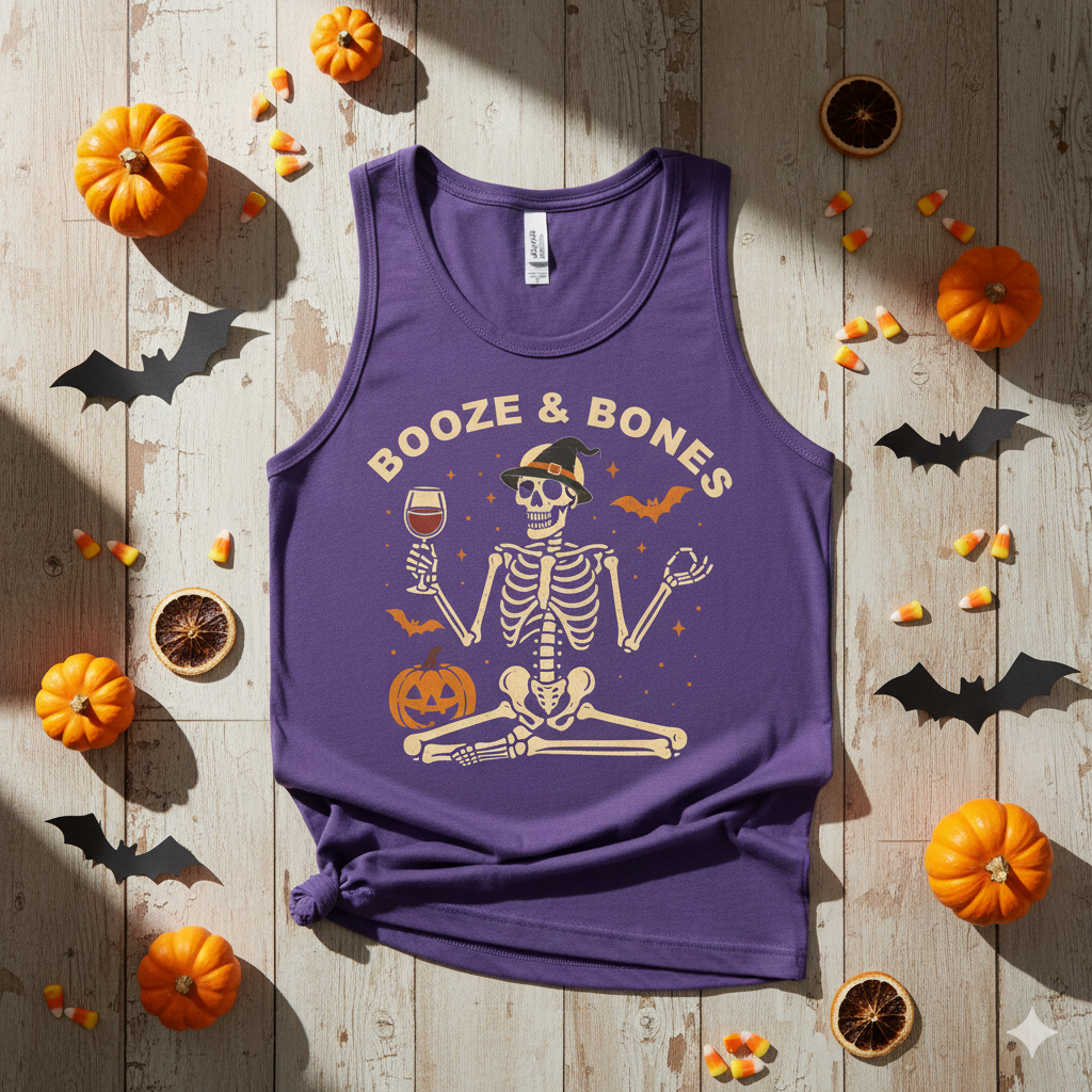 Booze & Bones Halloween Tank - Funny Wine Skeleton Racerback | Yoga Workout Top