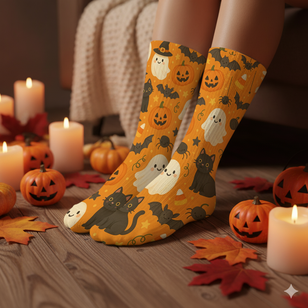 Cozy Halloween Crew Socks | Cute Ghost & Pumpkin Print | Buy Now

