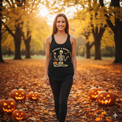 Booze & Bones Halloween Tank - Funny Wine Skeleton Racerback | Yoga Workout Top
