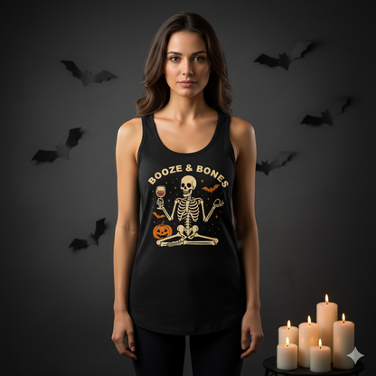 Booze & Bones Halloween Tank - Funny Wine Skeleton Racerback | Yoga Workout Top