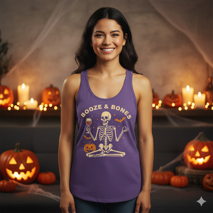 Booze & Bones Halloween Tank - Funny Wine Skeleton Racerback | Yoga Workout Top