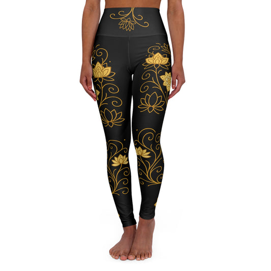 Golden Lotus Yoga Leggings - Black High Waisted Mandala Print | Women's Activewear