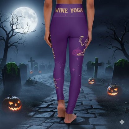 Wine Yoga Halloween Leggings - Purple Skeleton Pumpkin Print | High Waisted Workout Pants